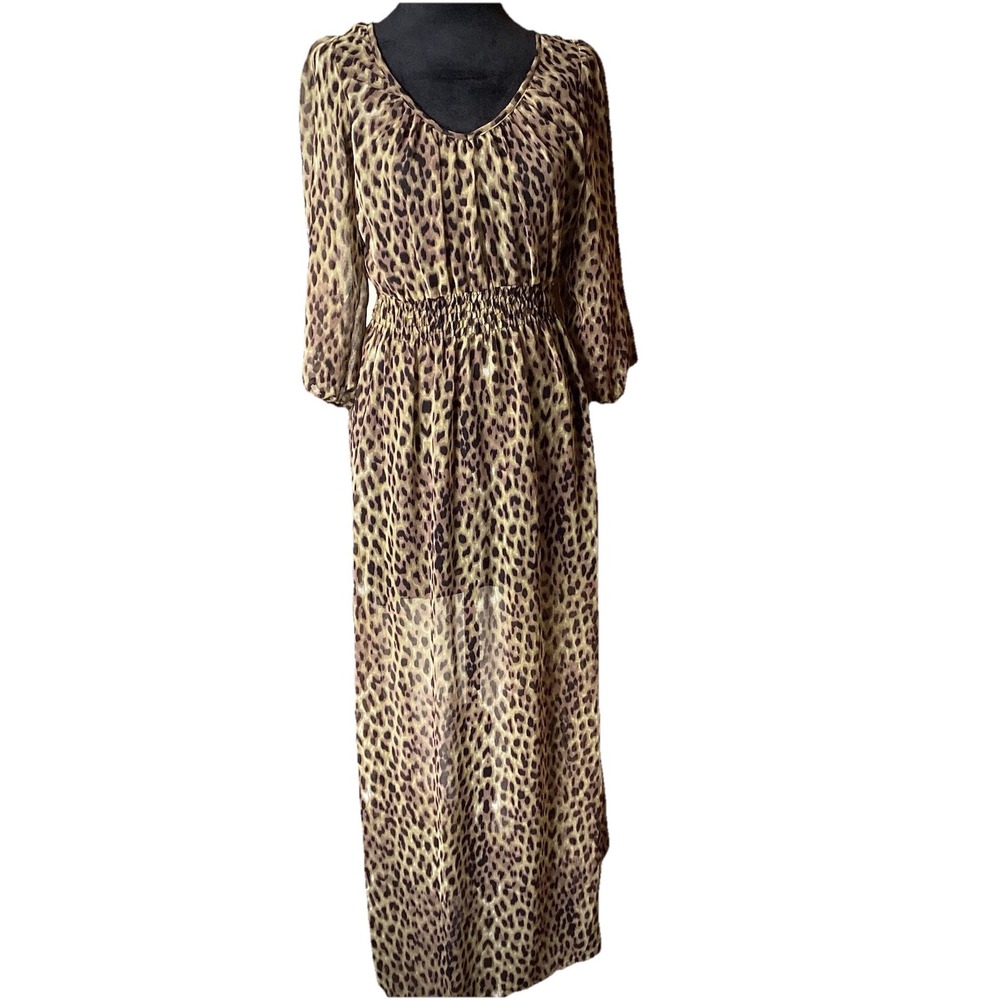 Angie Maxi Long Dress Boho Leopard 3/4 Sleeve Elastic Waist Semi Sheer 90s LRG